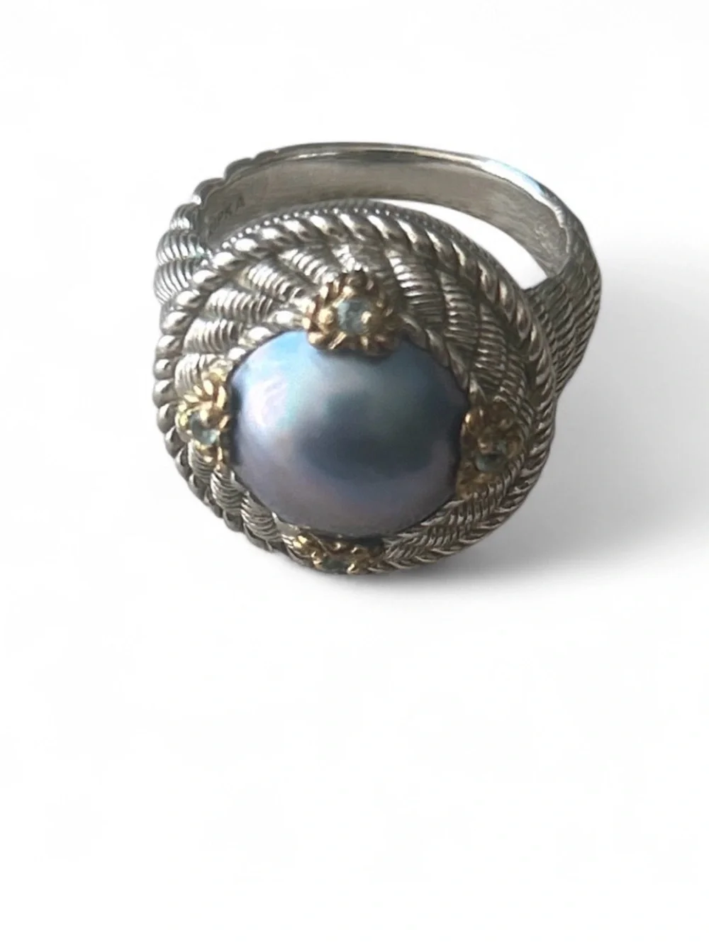 Judith Ripka Sterling Silver 18K Gold Gray Pearl Aquamarine Ring
